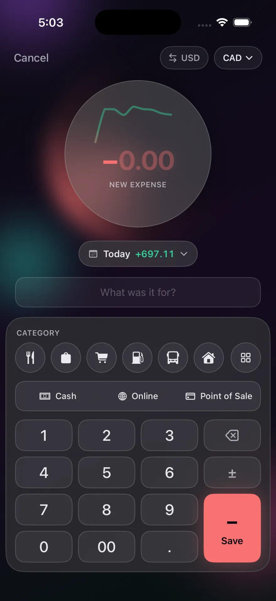 Add screen with the currency switched from Canadian dollars to US dollars for a new expense