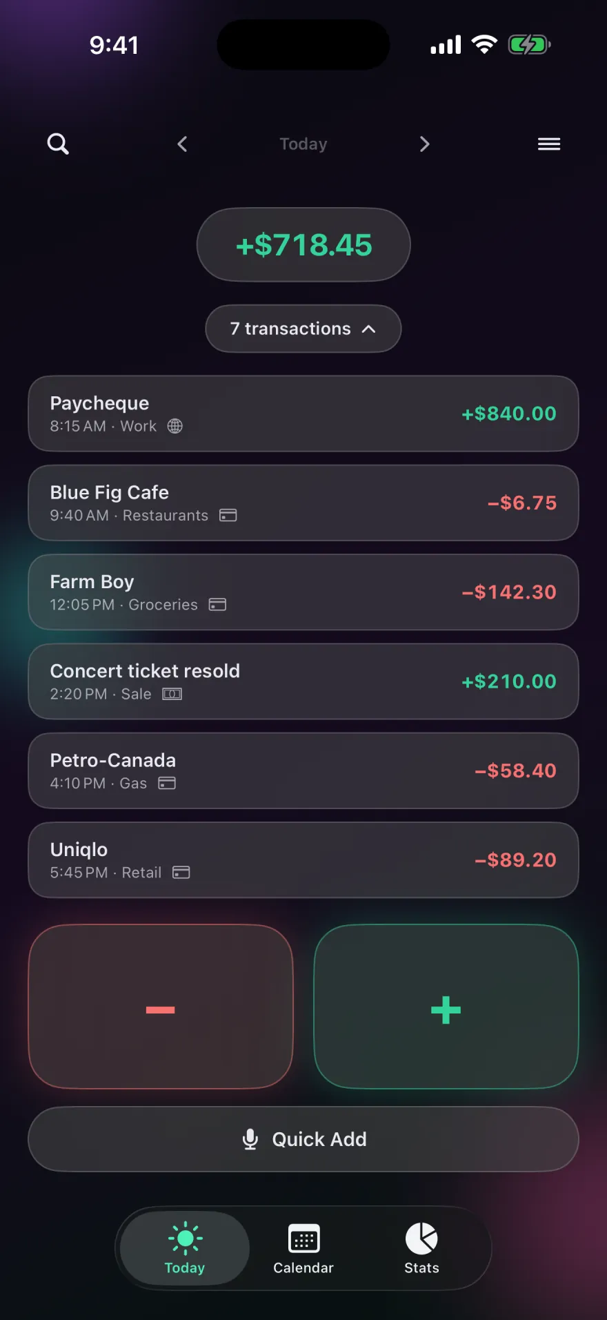 Today's list of seven entries including a paycheck of plus 840.00, groceries of minus 142.30 and a balance of plus 718.45