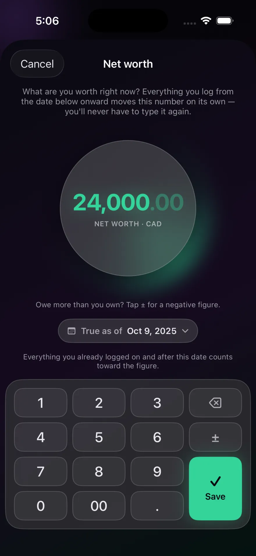 The net worth setup screen with 24,000.00 entered in the orb and a date of October 9, 2025