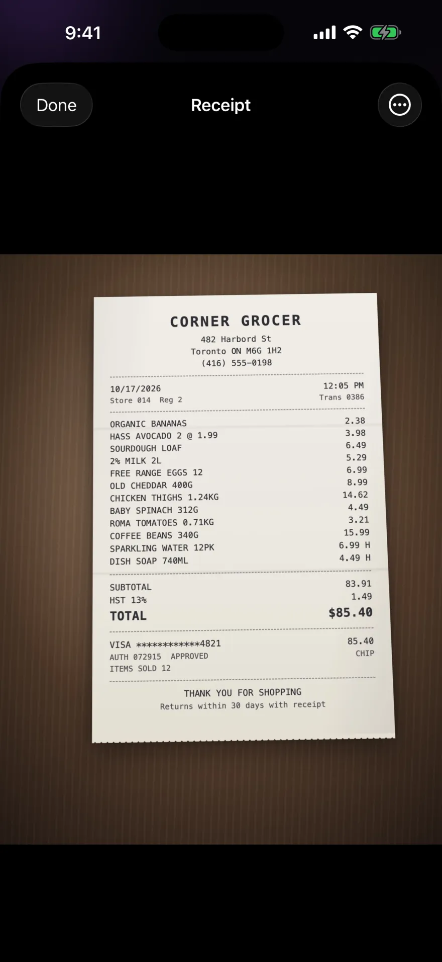 A Corner Grocer receipt open in the Receipt viewer from its saved entry, showing the items, HST and a total of $85.40