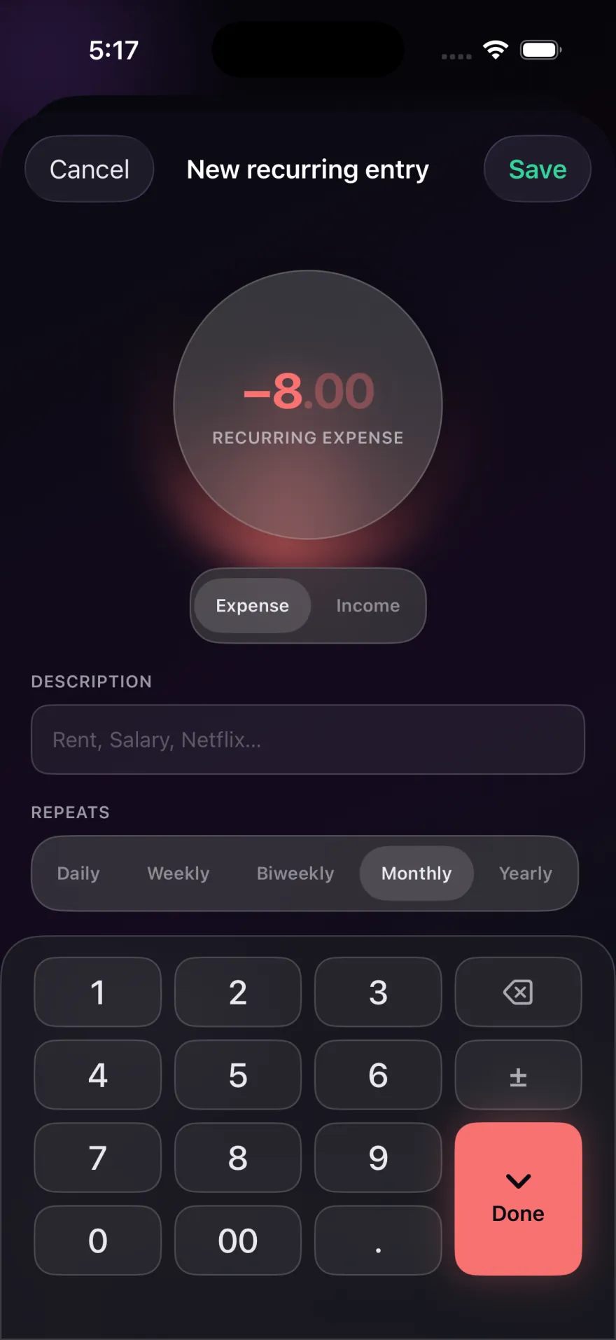 New recurring entry screen with a monthly expense of minus 8.00 and repeat options for daily, weekly, every two weeks, monthly and yearly