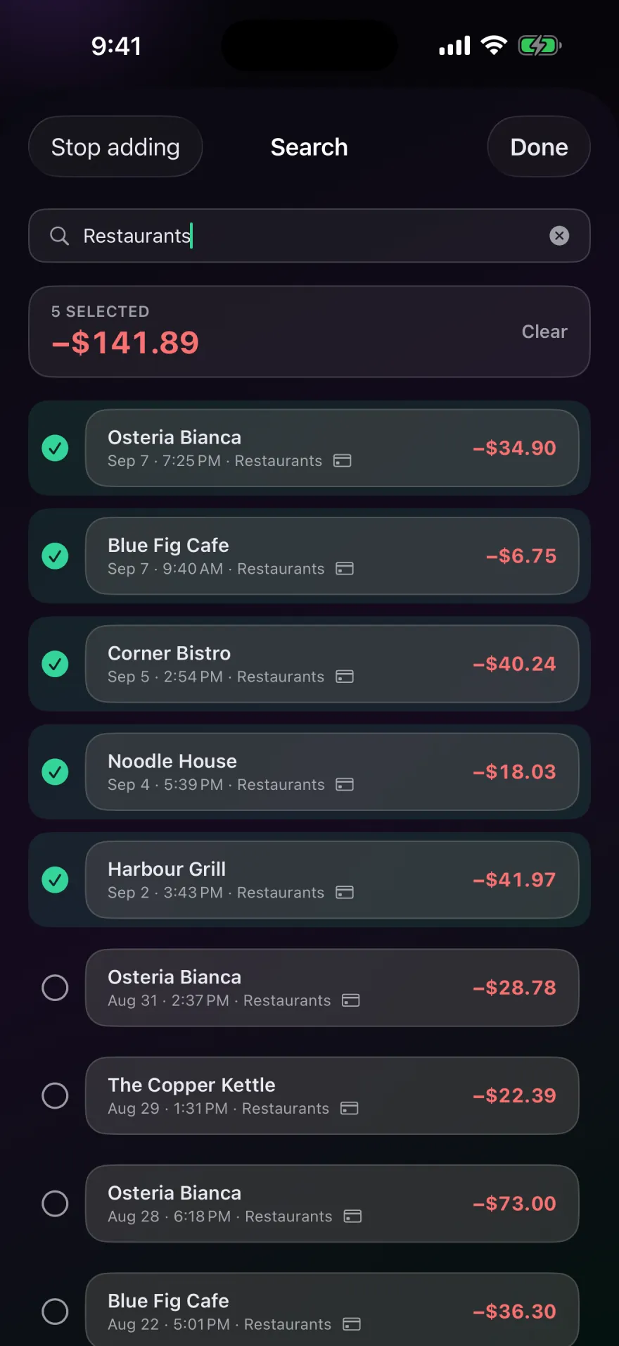 Search results for Restaurants with five entries selected and a total of minus 141.89