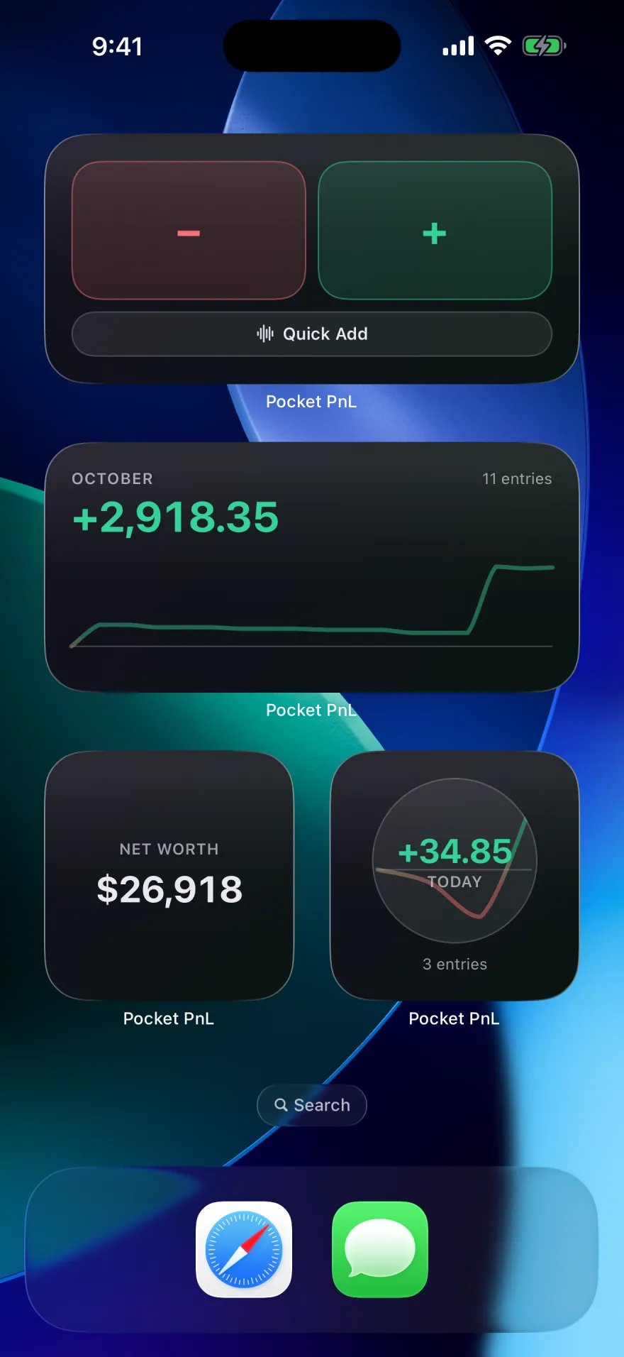 An iPhone Home Screen with four Pocket PnL widgets: Quick Add with minus and plus buttons, This Month showing October at plus 2,918.35 from 11 entries with its trend line, Net Worth at $26,918, and Today at plus 34.85 from 3 entries